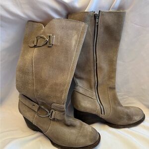Bed Stu Taupe Suede Mid-Calf Heeled Boots with Side Zip & Buckle Accents